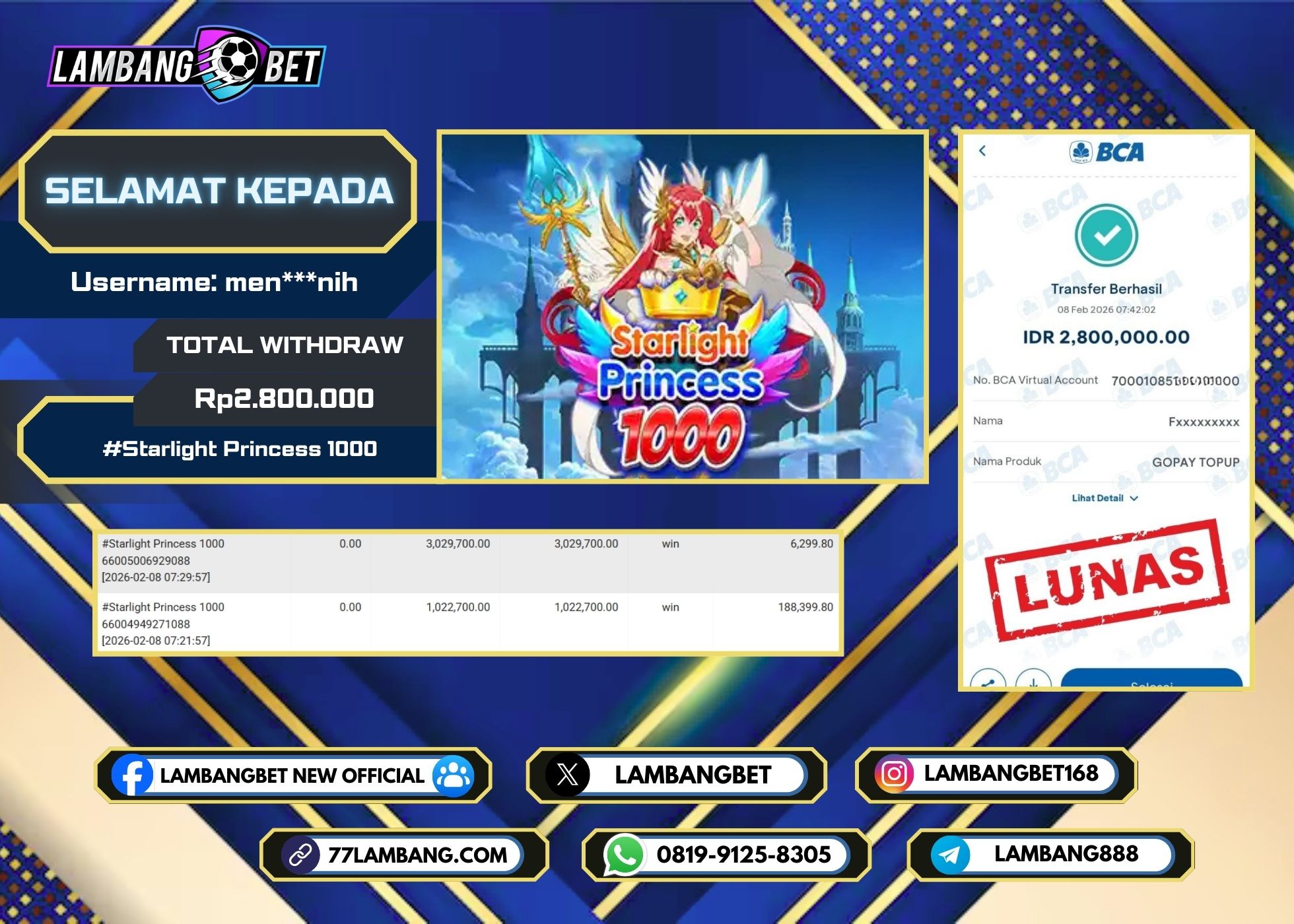 LAMBANGBET [8 FEBRUARI 2026] JACKPOT SLOT Starlight Princess 1000 "Rp2.800.000" LUNAS